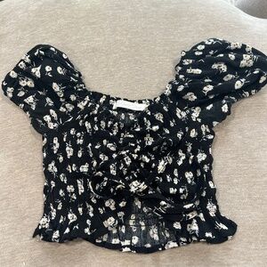 Floral Patterned Black Crop Top with Adjustable String